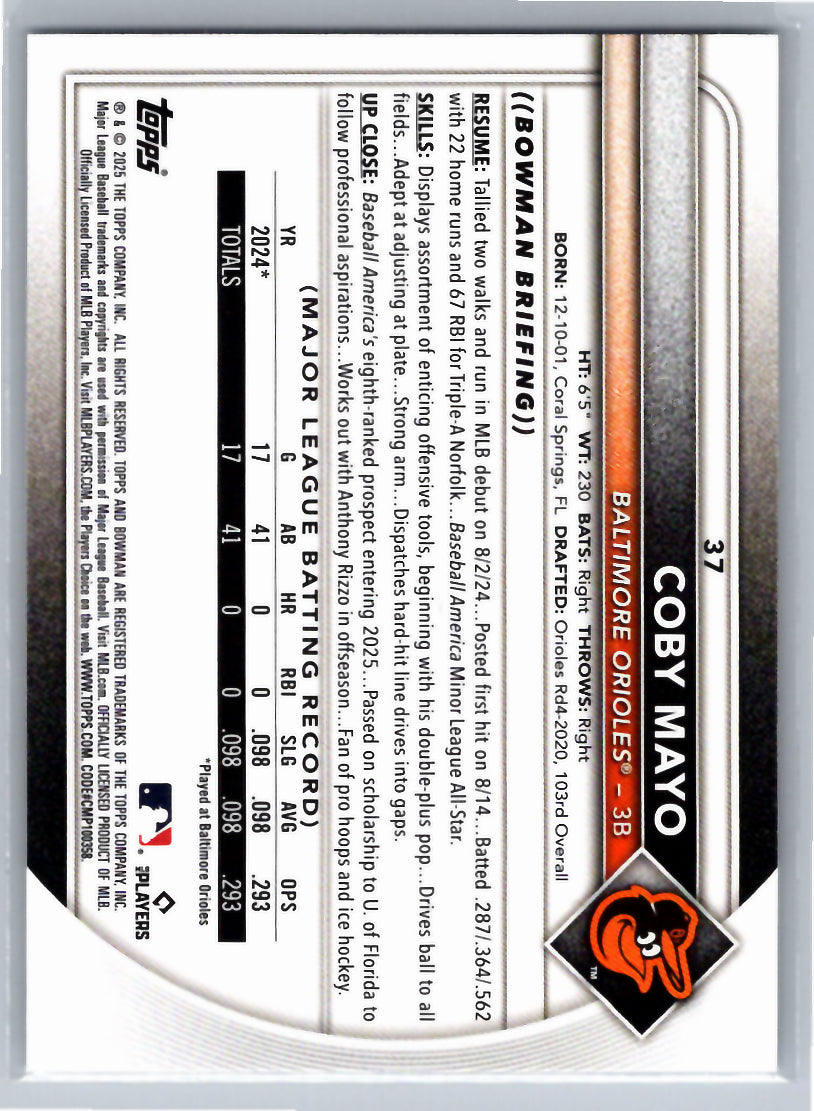 2025 Bowman #37 Coby Mayo Baltimore Orioles