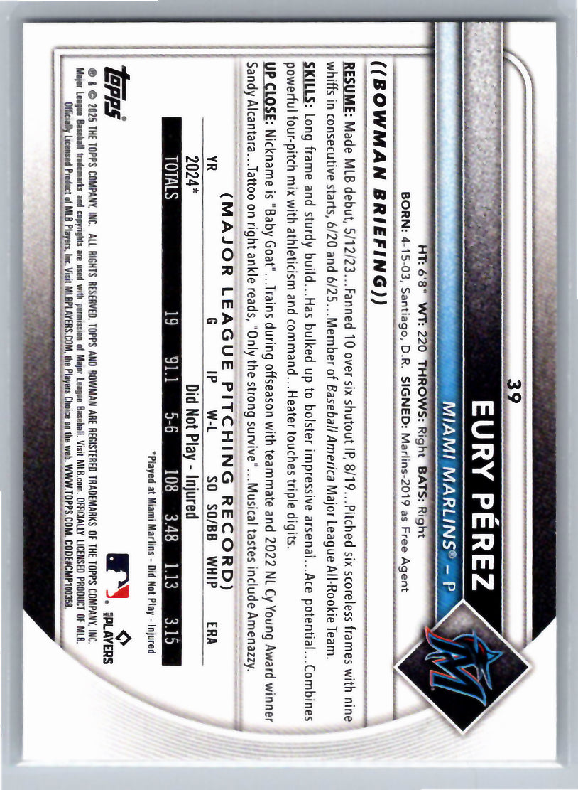 2025 Bowman #39 Eury Pérez Miami Marlins