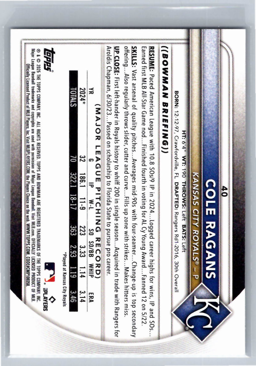 2025 Bowman #40 Cole Ragans Kansas City Royals