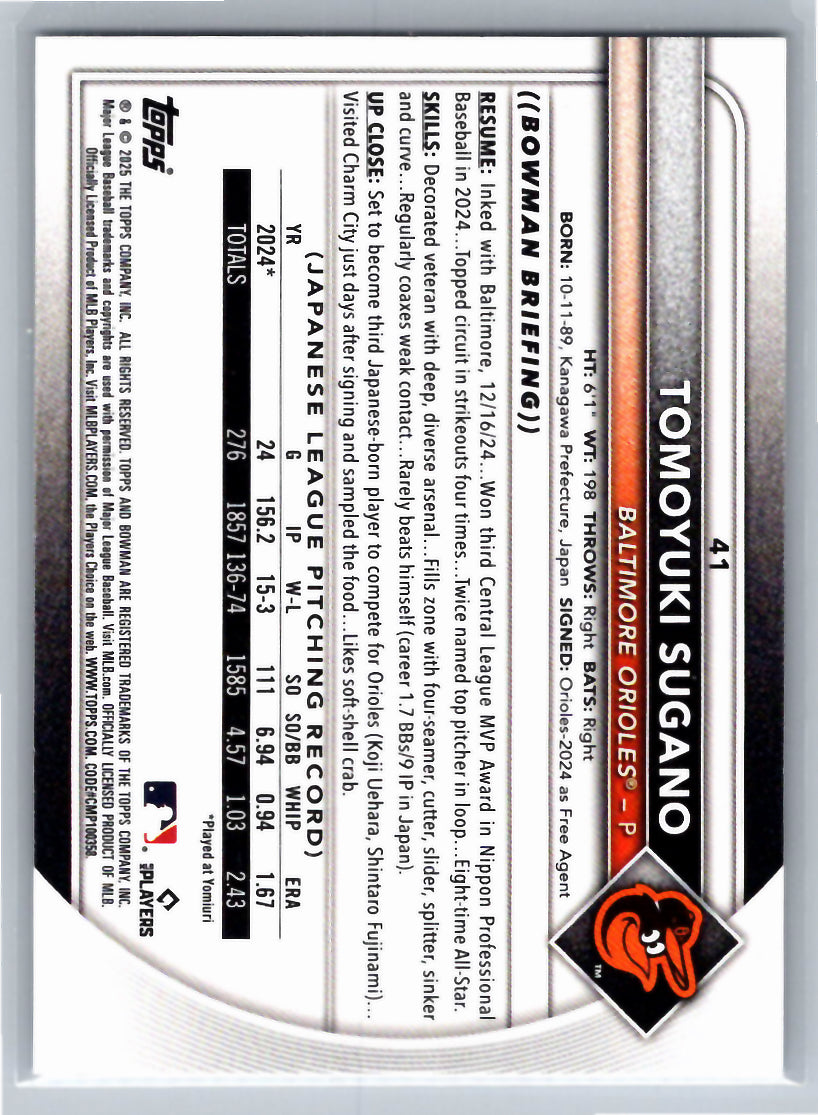2025 Bowman #41 Tomoyuki Sugano Baltimore Orioles