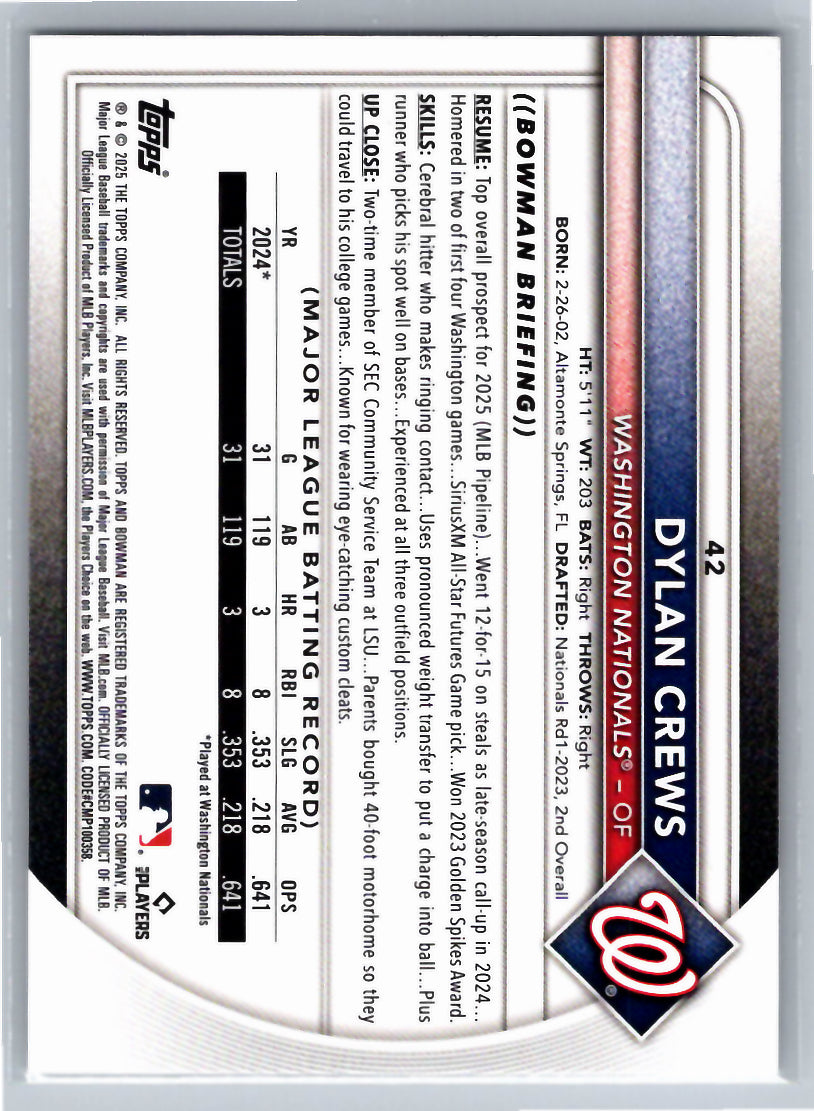 2025 Bowman #42 Dylan Crews Washington Nationals