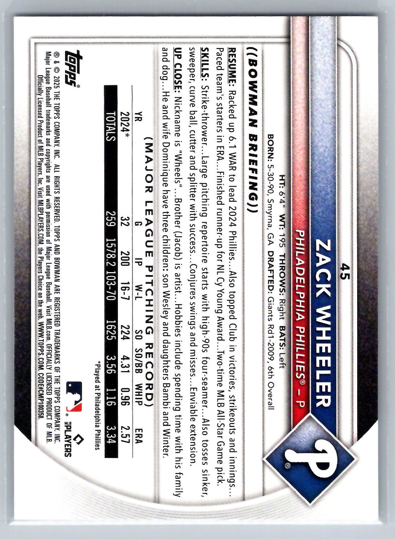 2025 Bowman #45 Zack Wheeler Purple Pattern #/199 Philadelphia Phillies