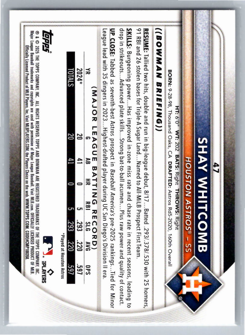 2025 Bowman #47 Shay Whitcomb Houston Astros