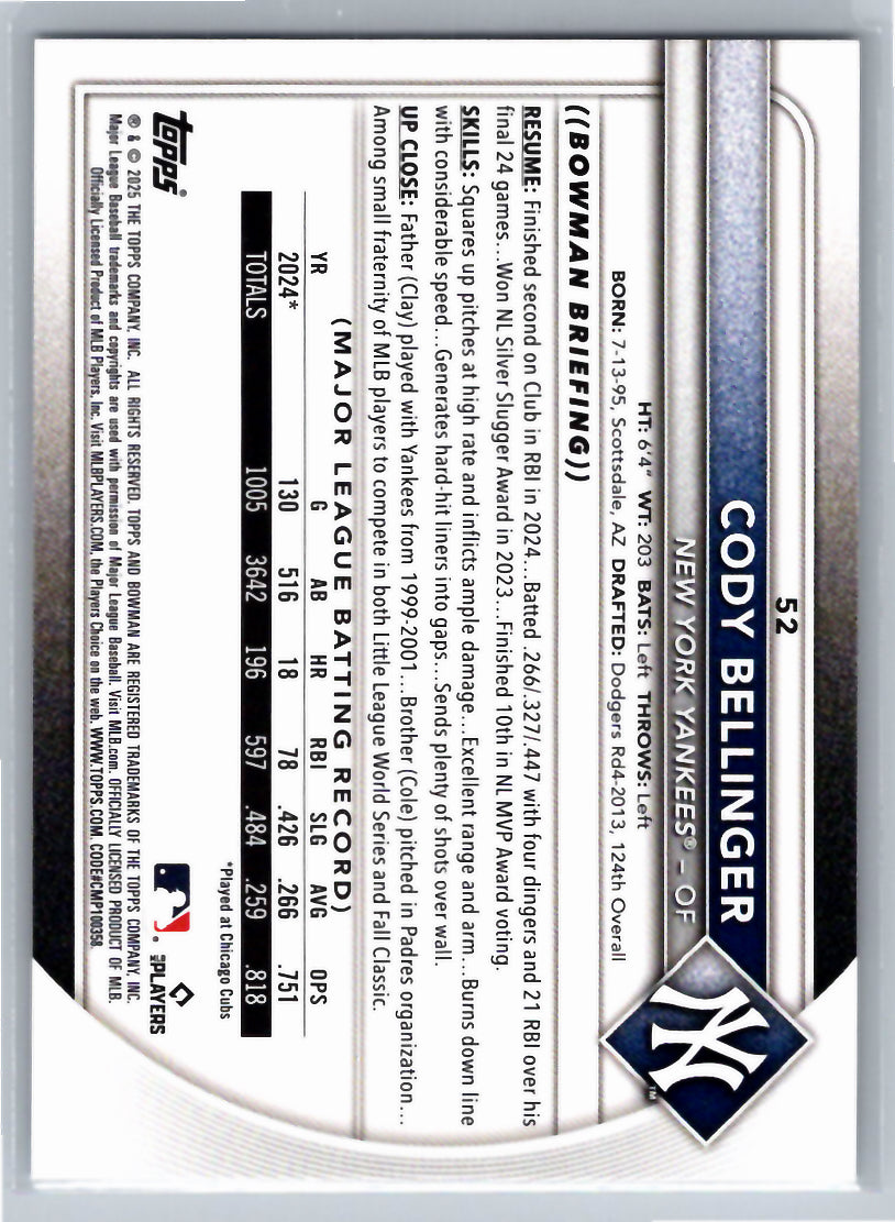 2025 Bowman #52 Cody Bellinger New York Yankees