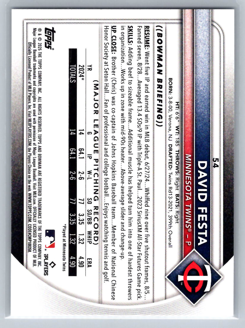 2025 Bowman #54 David Festa Minnesota Twins