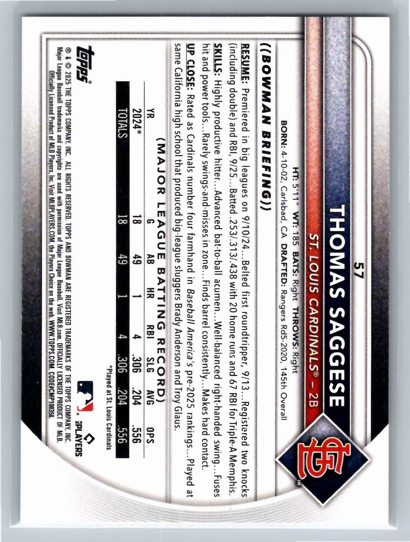 2025 Bowman #57 Thomas Saggese St. Louis Cardinals
