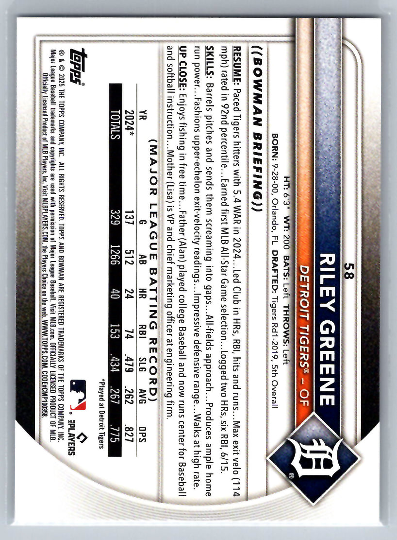 2025 Bowman #58 Riley Greene Detroit Tigers