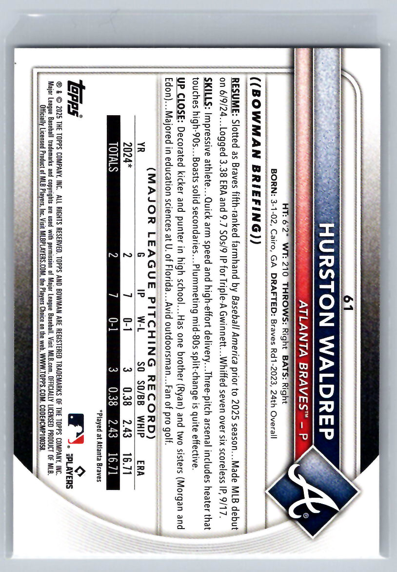2025 Bowman #61 Hurston Waldrep Atlanta Braves