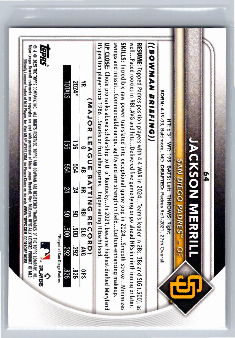 2025 Bowman #64 Jackson Merrill San Diego Padres