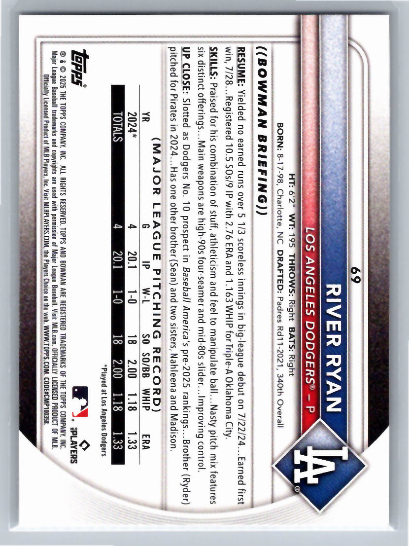 2025 Bowman #69 River Ryan Los Angeles Dodgers