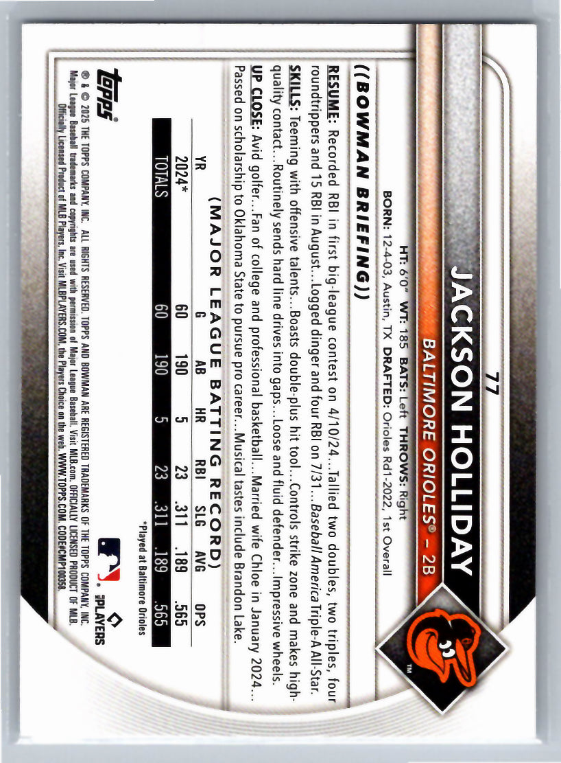 2025 Bowman #77 Jackson Holliday Baltimore Orioles