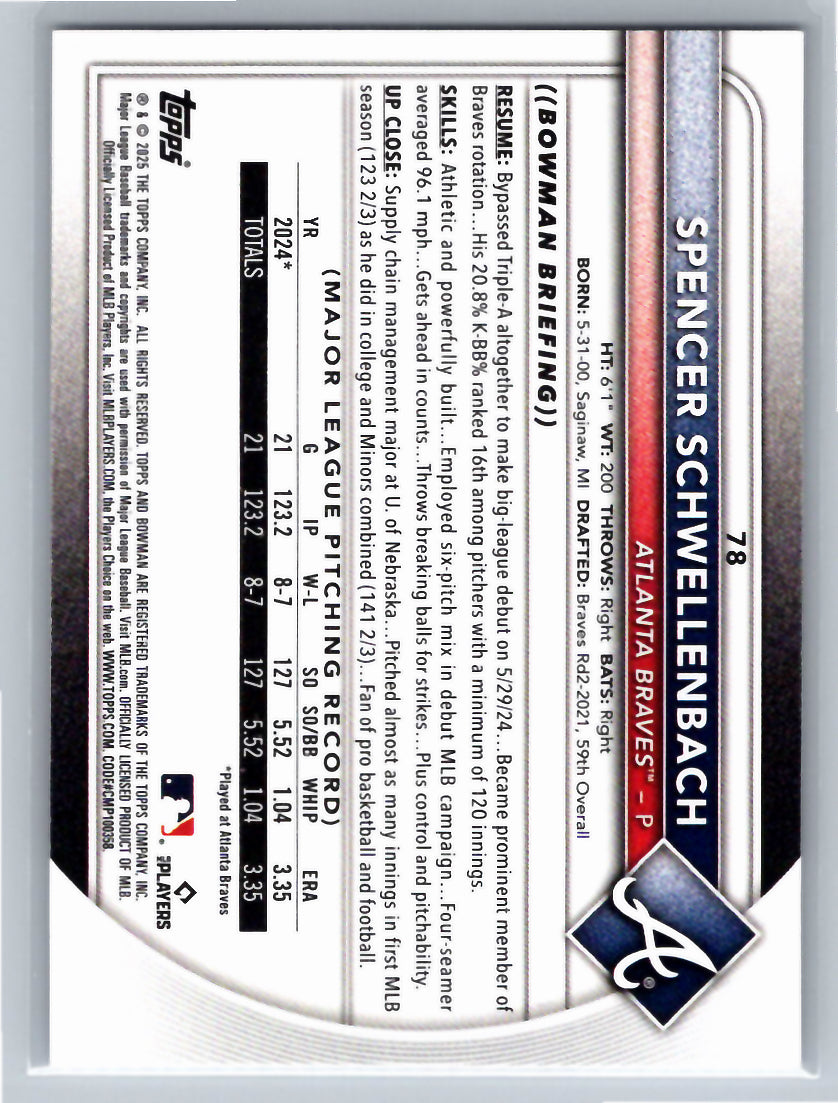 2025 Bowman #78 Spencer Schwellenbach Atlanta Braves