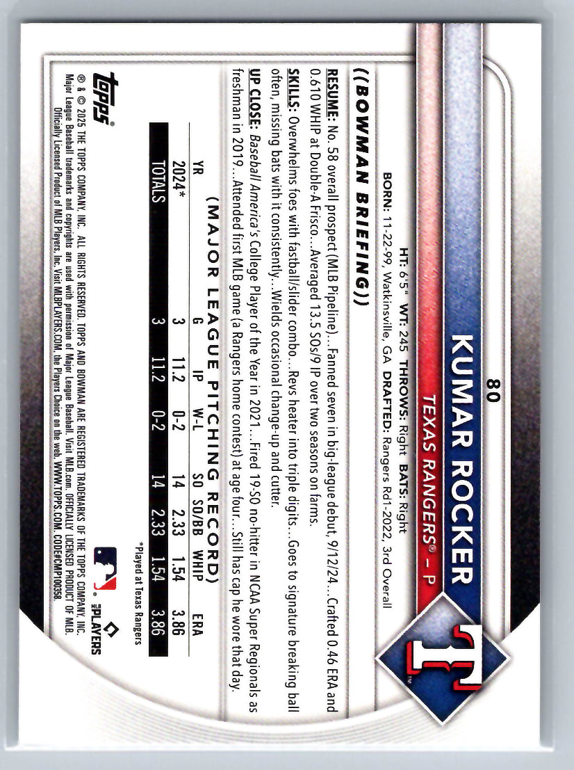 2025 Bowman #80 Kumar Rocker Texas Rangers