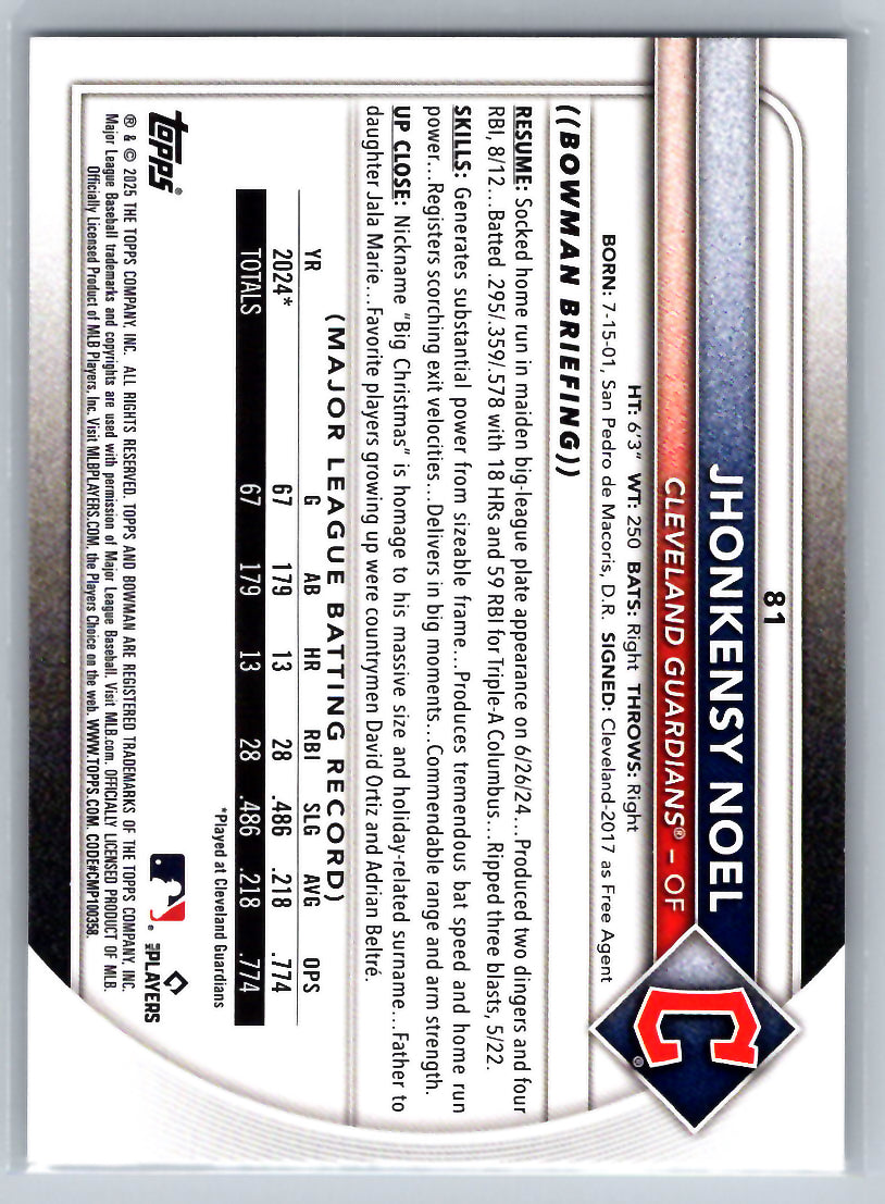 2025 Bowman #81 Jhonkensy Noel Cleveland Guardians