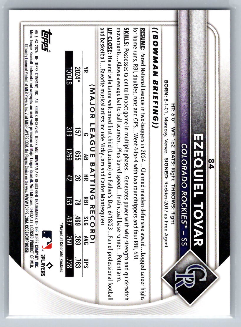 2025 Bowman #84 Ezequiel Tovar Colorado Rockies