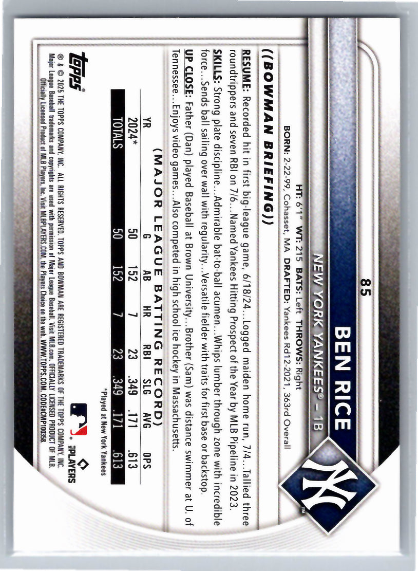 2025 Bowman #85 Ben Rice New York Yankees