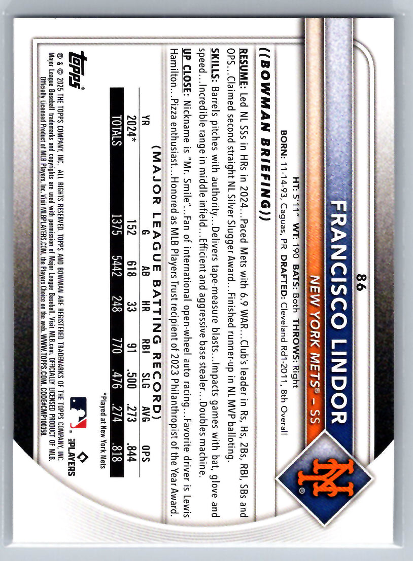 2025 Bowman #86 Francisco Lindor New York Mets