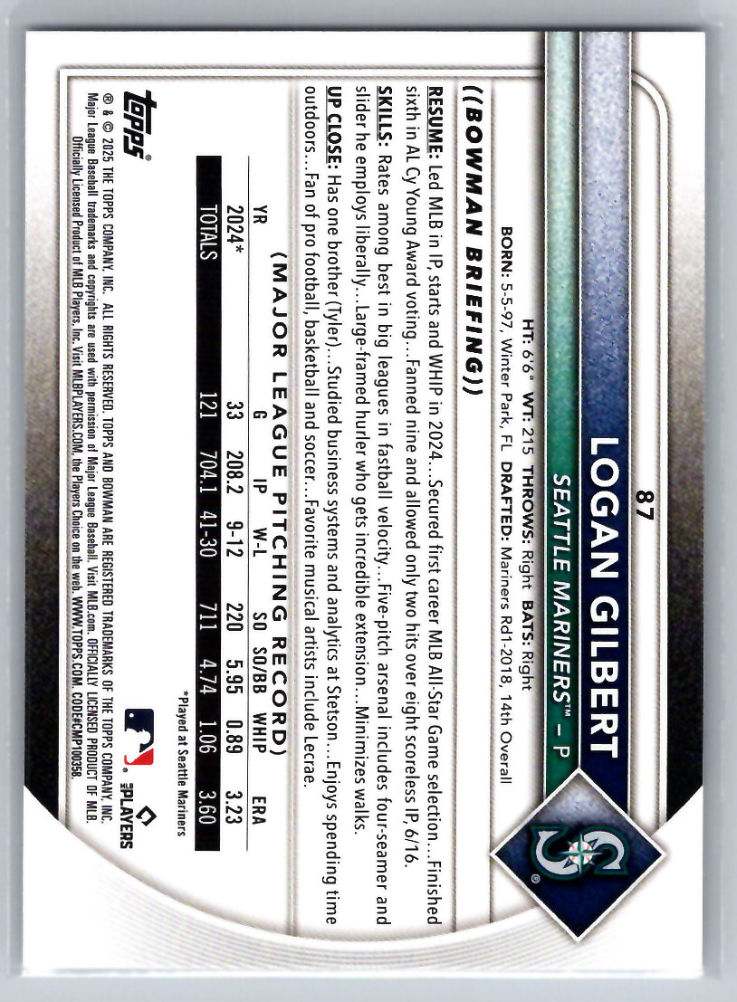 2025 Bowman #87 Logan Gilbert Seattle Mariners