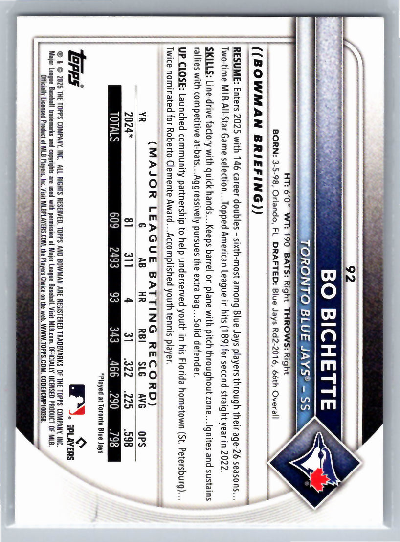 2025 Bowman #92 Bo Bichette Toronto Blue Jays