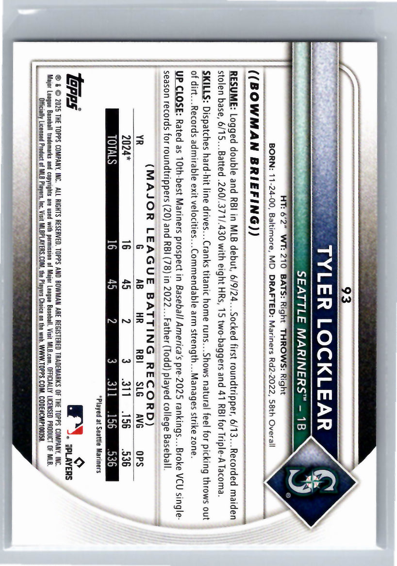2025 Bowman #93 Tyler Locklear Seattle Mariners
