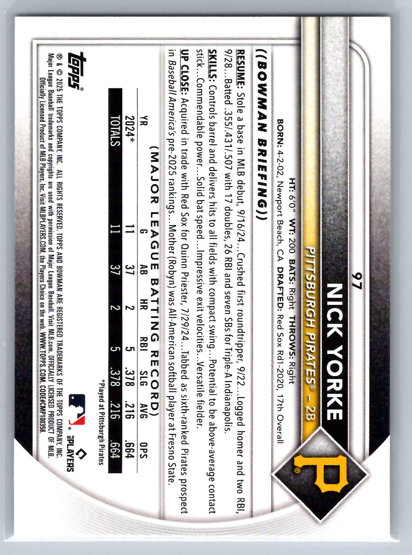 2025 Bowman #97 Nick Yorke Pittsburgh Pirates